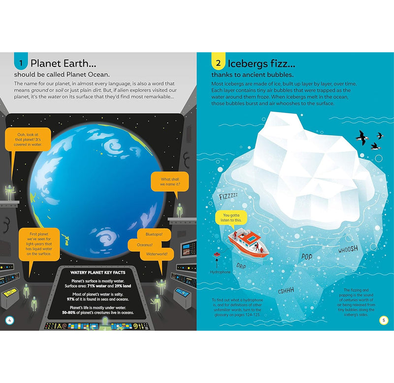 Open page in the book showing the first two facts about the ocean. 