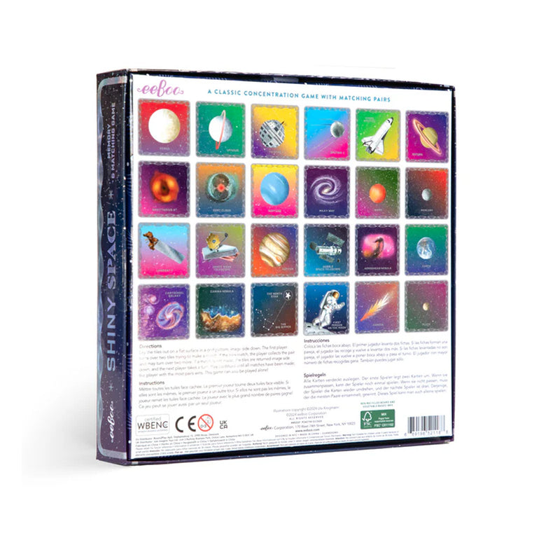 The back of the box with images of 24 space-themed cards and a description of the game. 