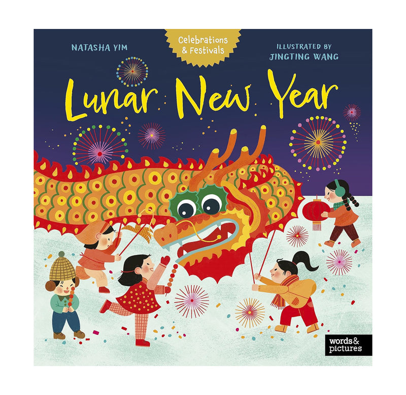 Front cover depicting children holding up a dragon prop at night with fireworks popping around them. 