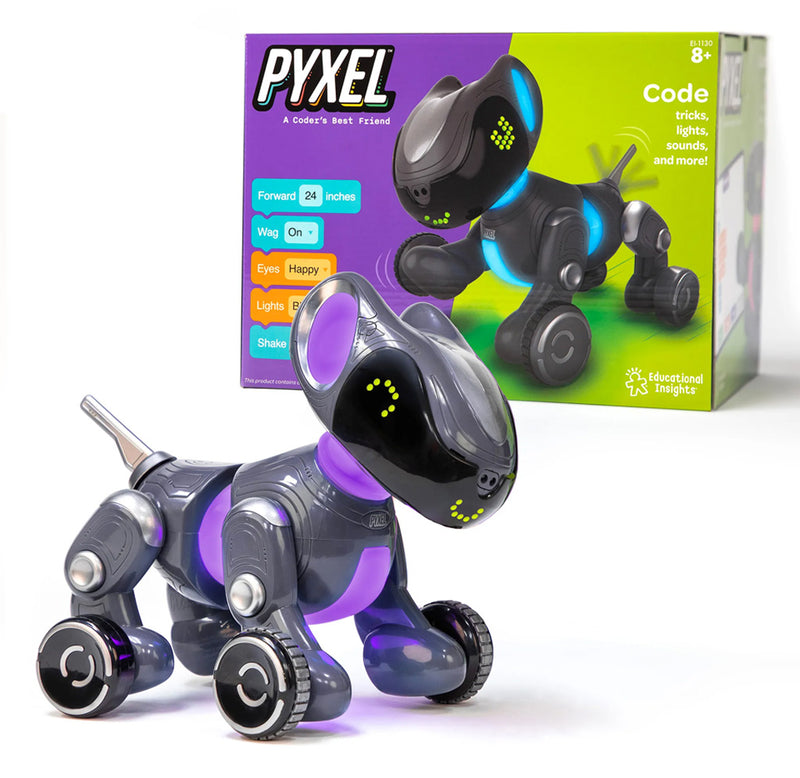 Grey and purple colored robot pet is displayed in front of the purple and green box it's packaged in. 