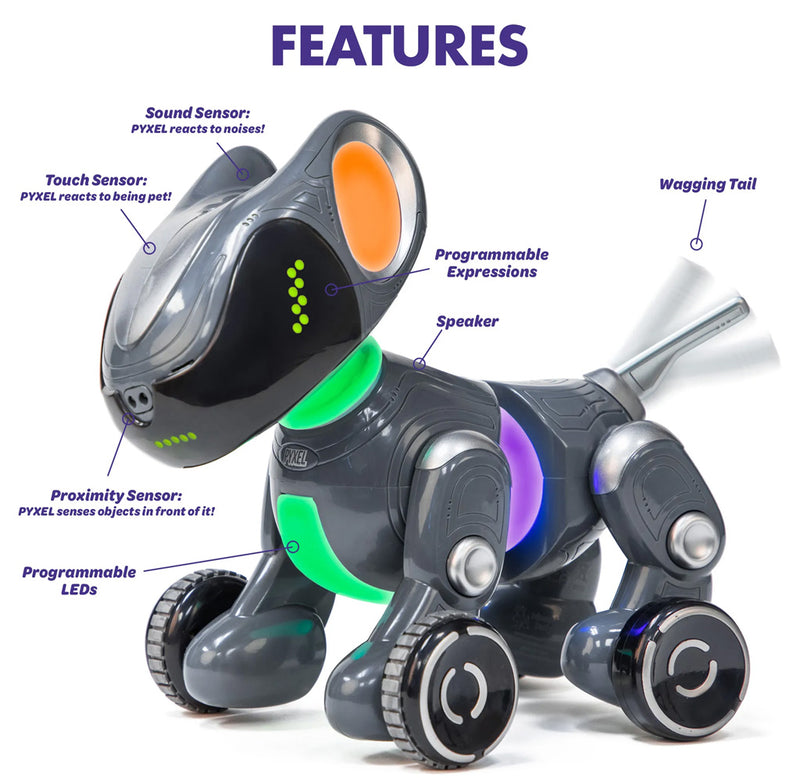 The grey coding robot is wagging its tail and shown lit with orange, green and purple lights. Different features are highlighted and pointing to various parts of the robot. 