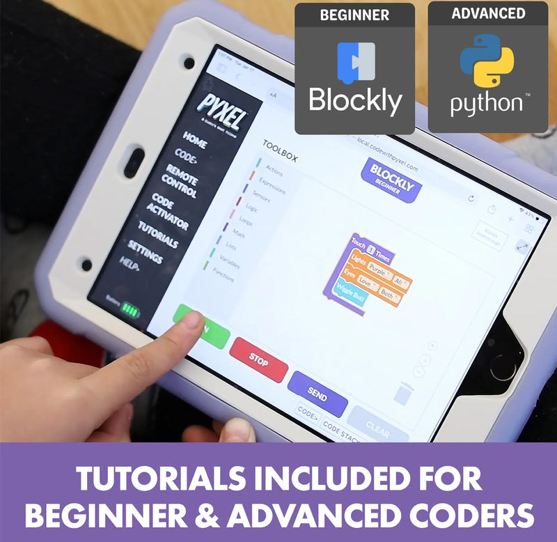 Someone holding a tablet with Blocky on the screen. Two badges depicting the Blockly and Python logos are on the upper right hand corner of the image. The words "tutorials included for beginner & advanced coders" is displayed on the bottom of the image. 