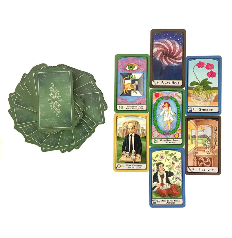 Seven cards sit in three rows with illustrated images on them such as Frank Oppenheimer, Black holes, Schrödinger's Cat, and symbiosis. There is a stack of green cards sitting to the side with microscopes in white.