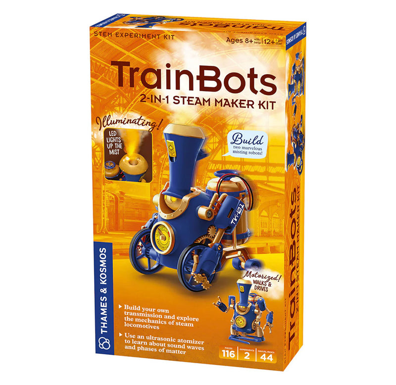 An orange box showing images of the blue train bot configurations and features.