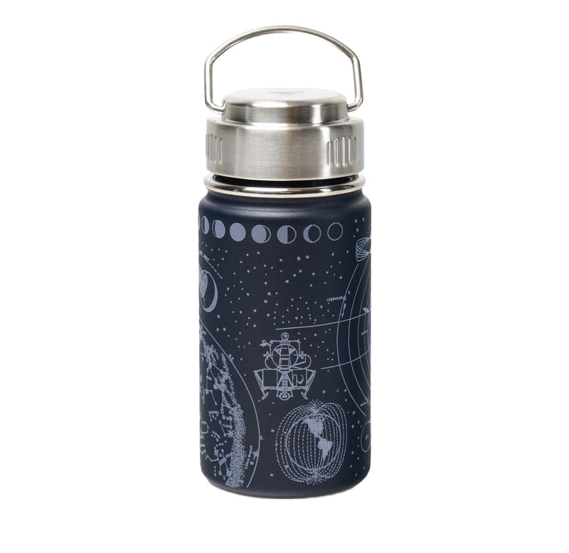 A dark blue tumbler with light blue images of moon phases and other outer space items. 