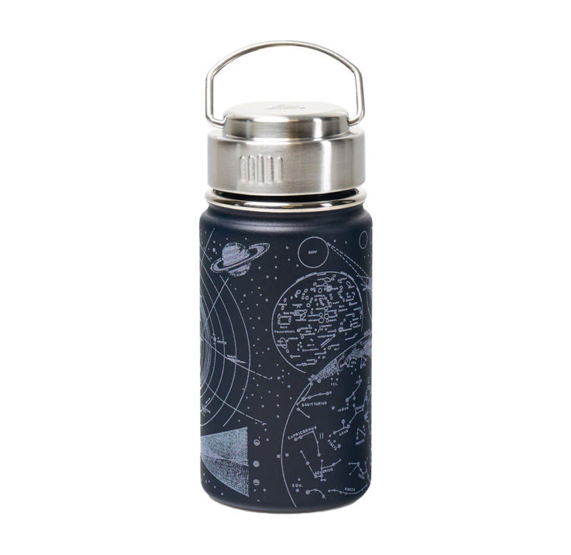 A dark blue metal tumbler with light blue images of constellations, planets, and lines.