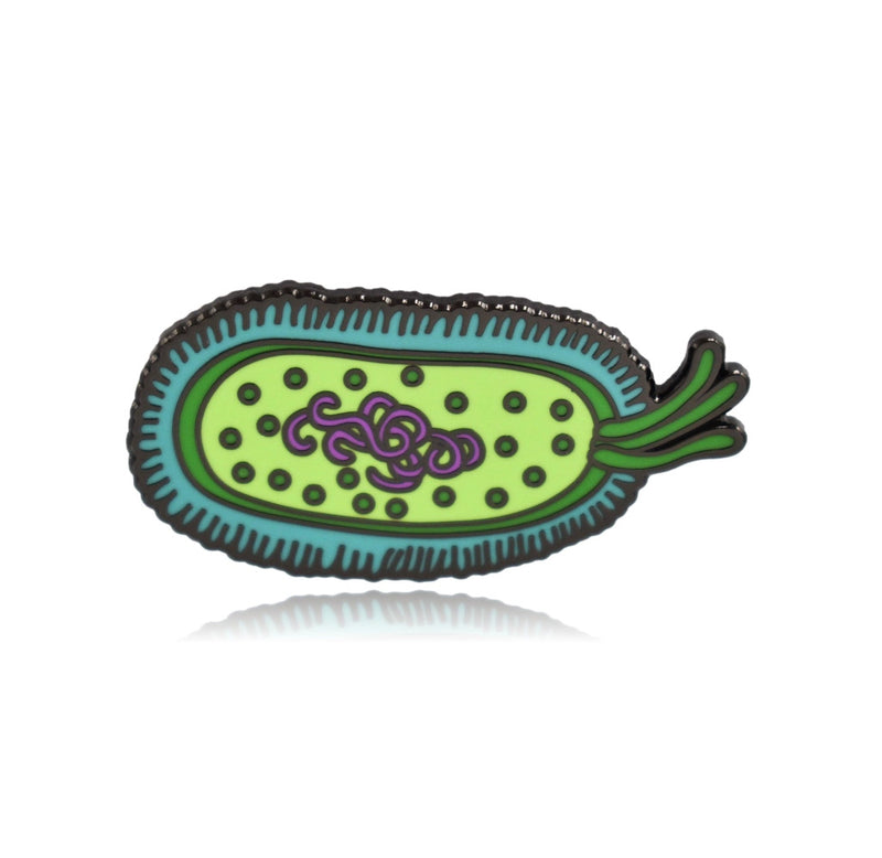 An oval shaped pin with blue, green, and purple accents in the shape of a bacteria cell. 