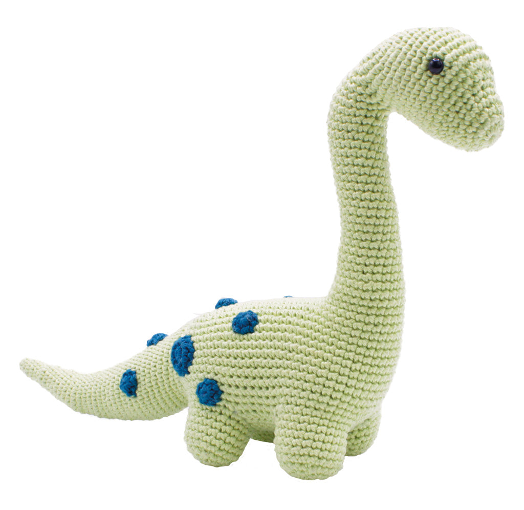 A green crochet brontosaurus with blue polka dot spots on its back. 