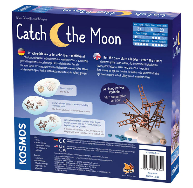 The back of the blue box has images of the game contents and descriptions of how to play the game in both German and English. 