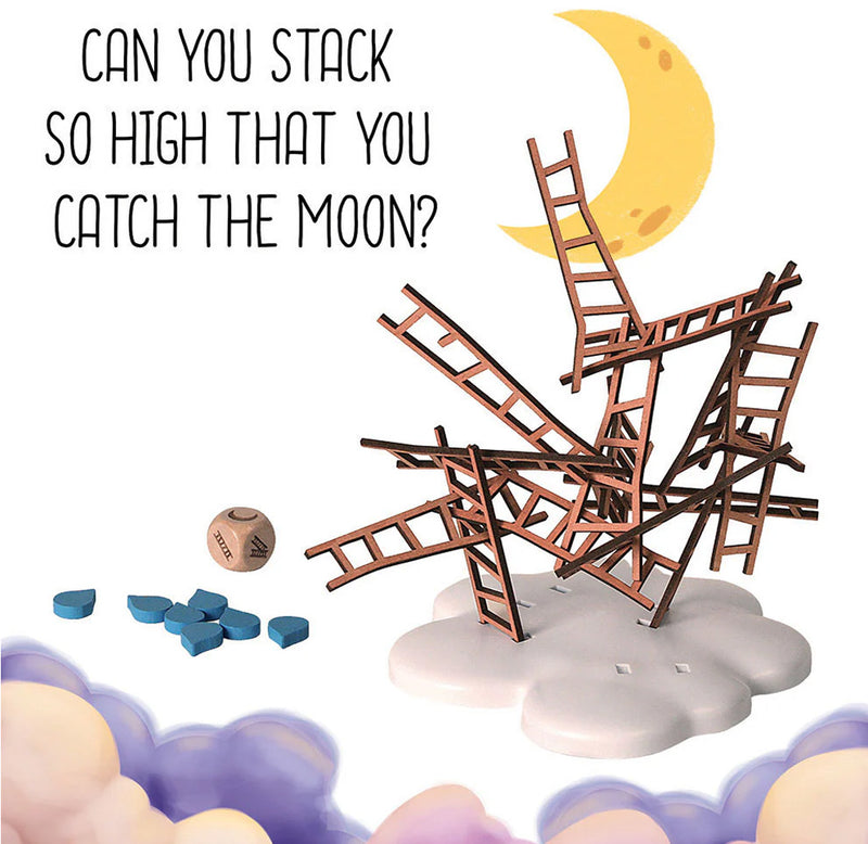 A yellow crescent moon is shown in the background with haphazardly stacked ladders in front. Blue drop shaped tokens and a wooden die are next to the ladders. 