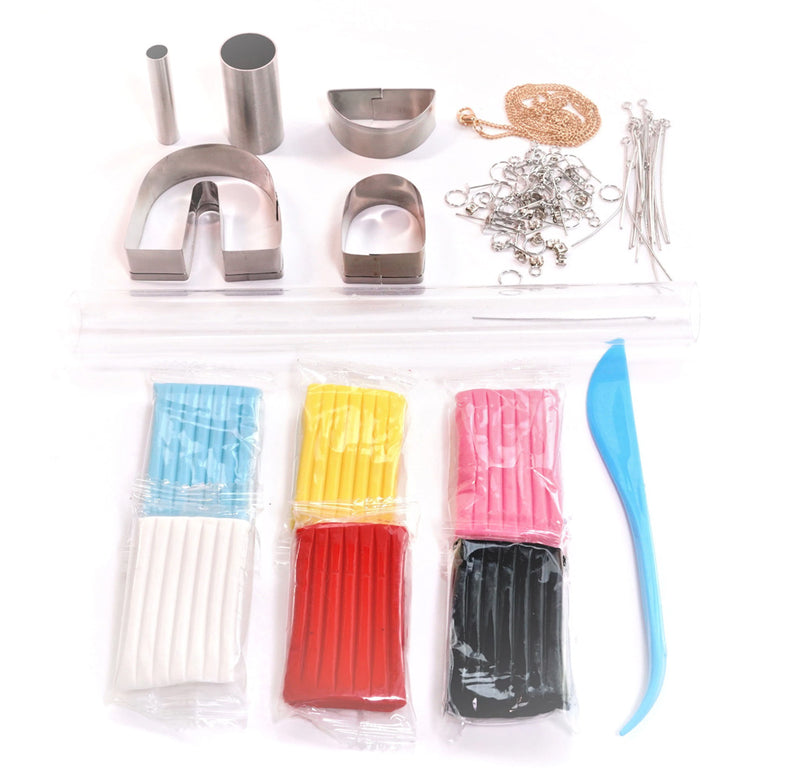 Metal shape cutters, metal jewelry parts, a clear rolling pin, a plastic shaper tool, and six colors of clay are displayed. 