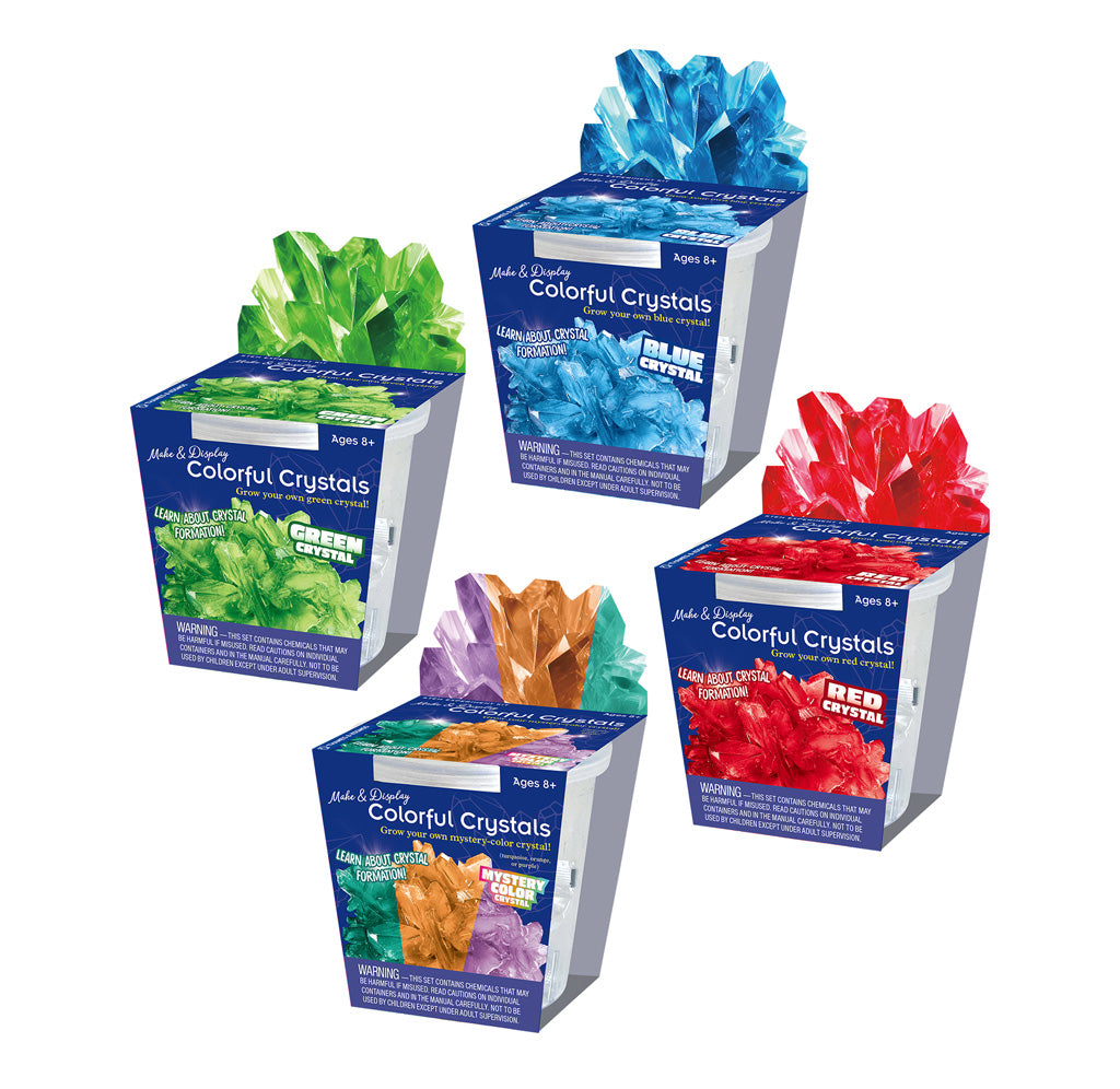 Four boxes with images of crystal structures in different colors: Green, blue, red, and multicolor.