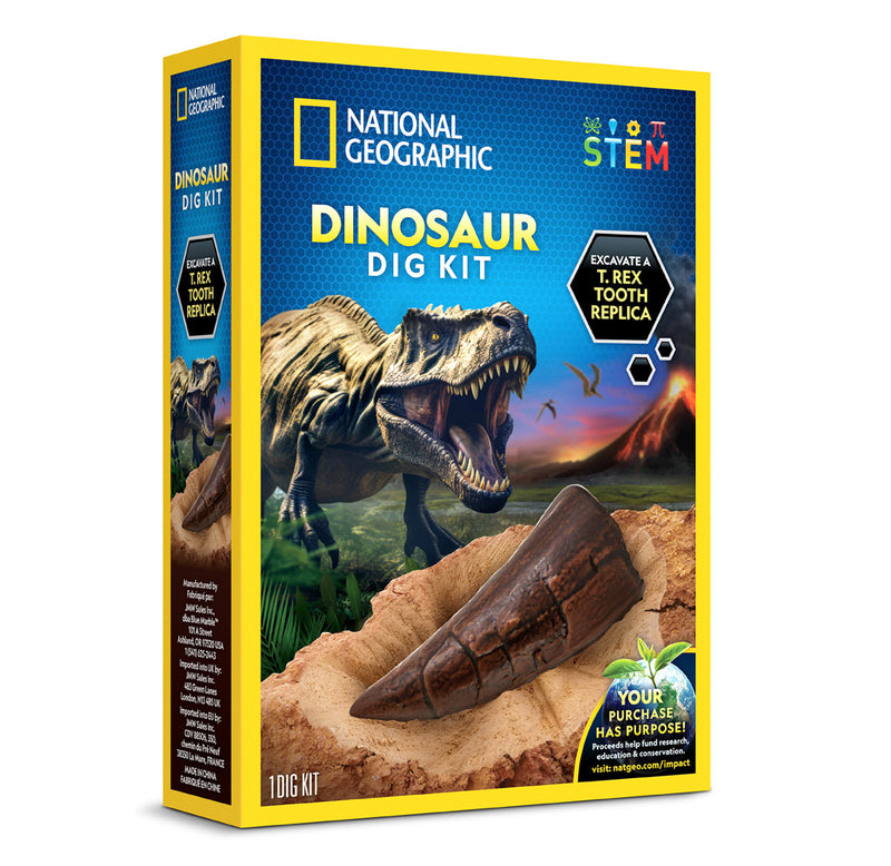 The packaging box showing a fossilized tooth, a t-rex, and a volcano in the background. 