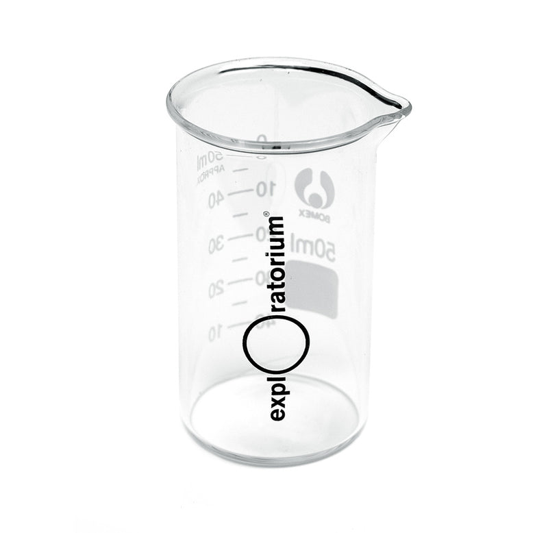 A beaker with the Exploratorium logo printed vertically. 