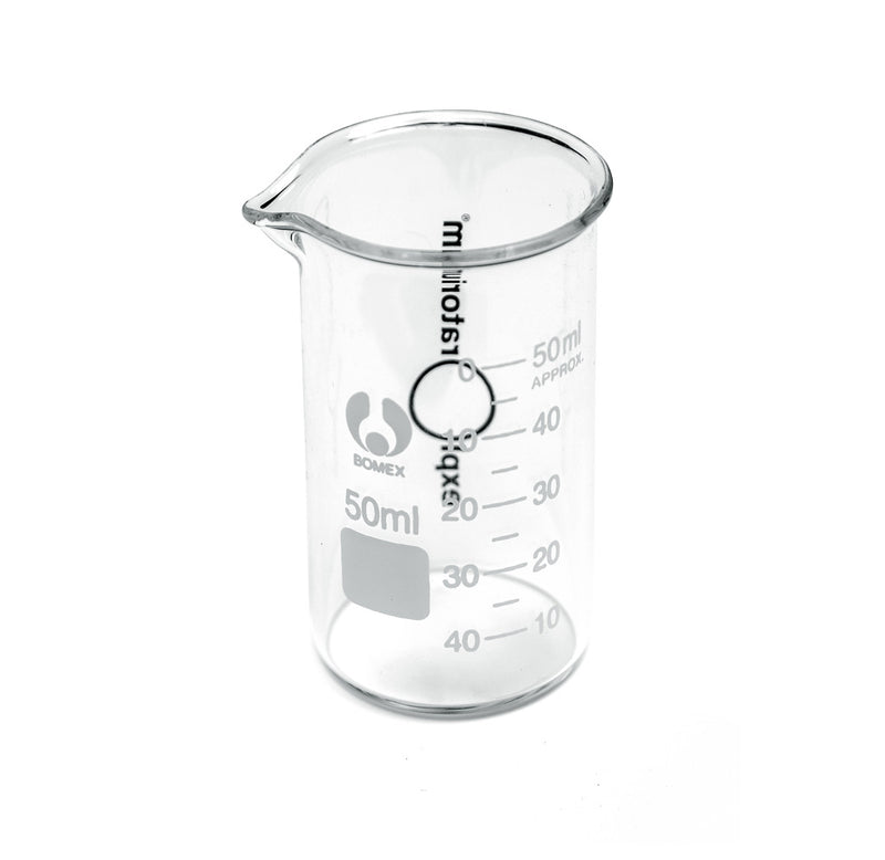 A glass beaker with measurements up to 50 milliliters. 