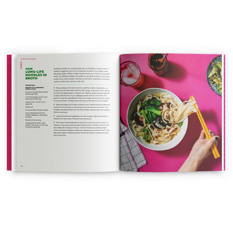 An open page of the book, one side with a recipe, the other side with a picture of a bowl of noodles and a hand holding chopsticks. 