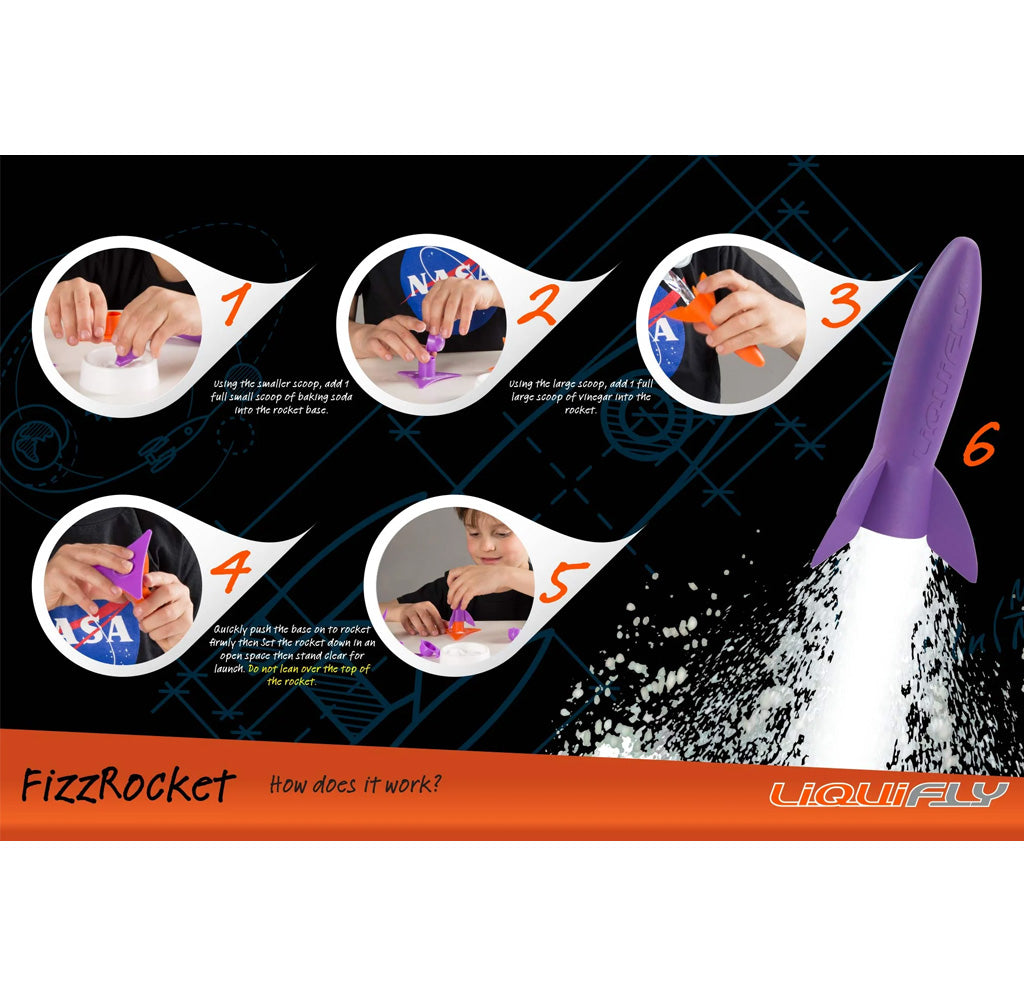 A 5 step instruction sheet for how to use the fizz rocket. The purple fizz rocket is pictured on the right. 