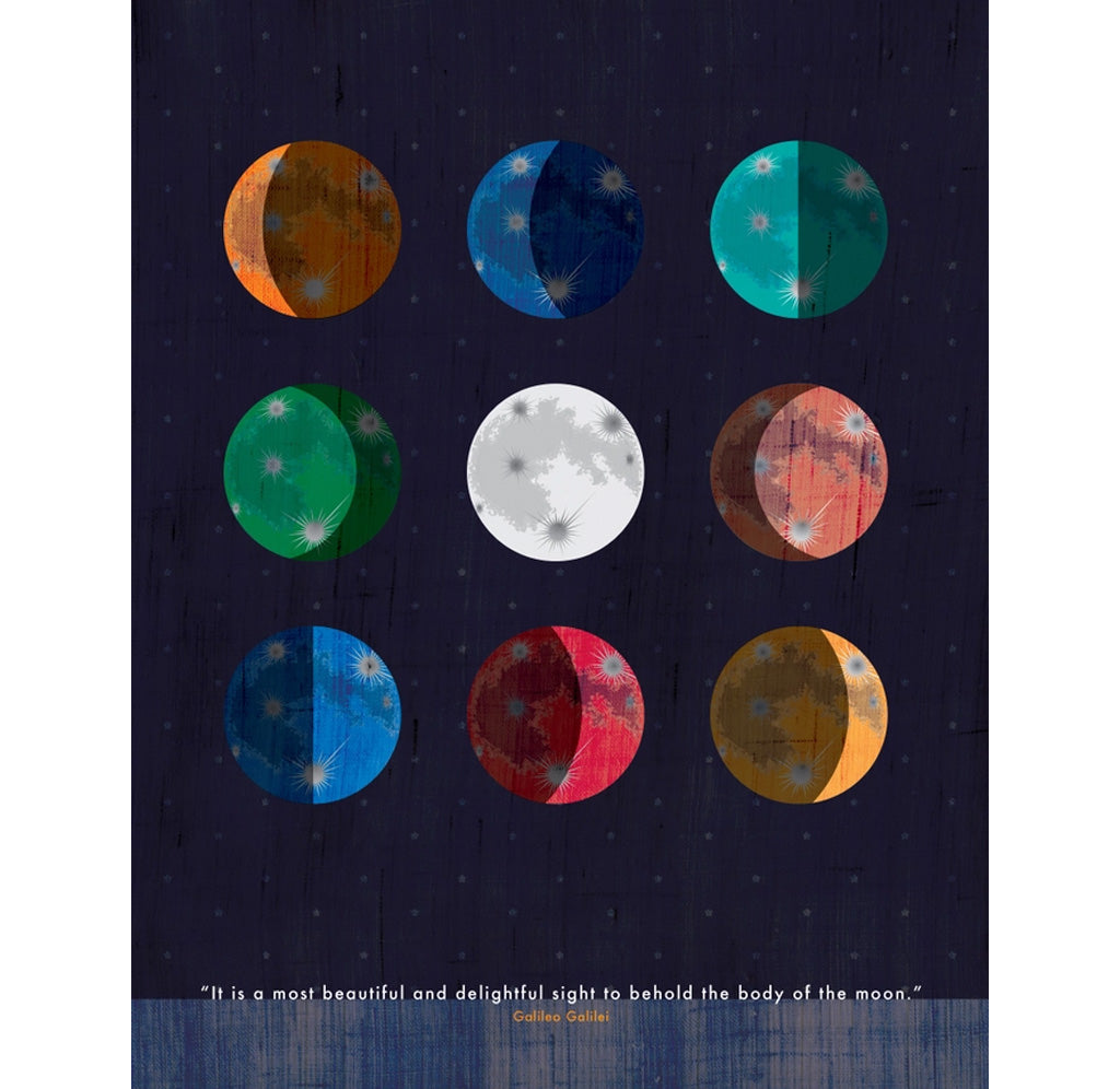 Digital artwork with a dark blue background and 9 different colored moons in various phases. There is a quote at the bottom of the page. 