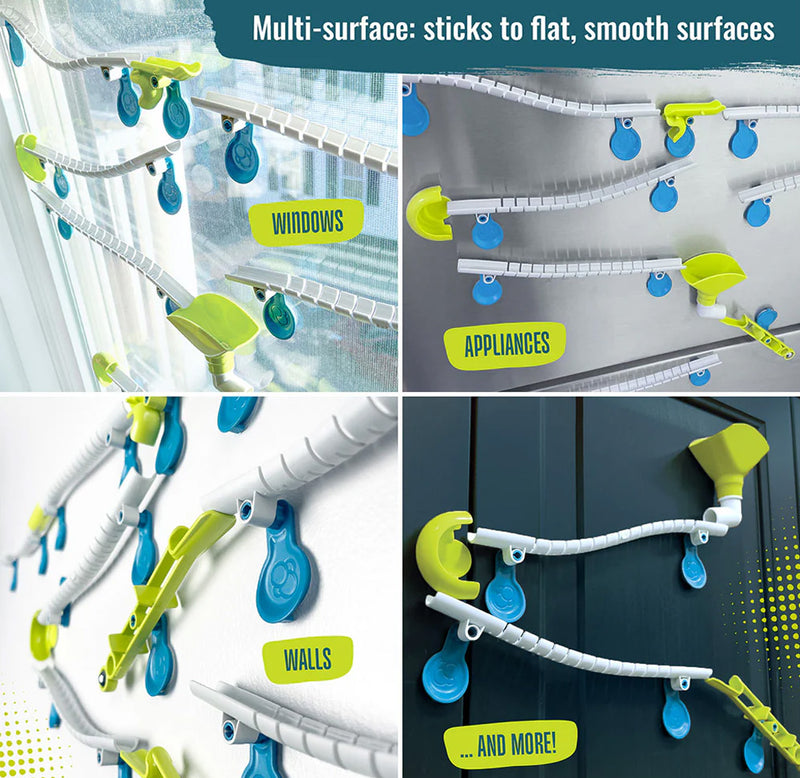 A four tile view showing where the marble run can  be used. The environments include a window, a fridge door, a wall, and a door. 