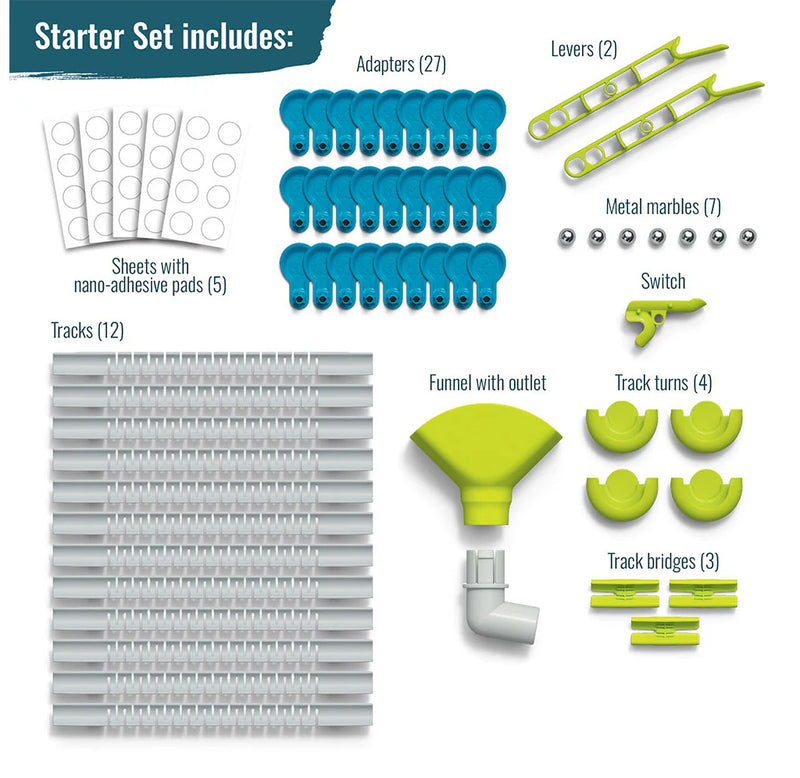 Pieces in the kit laid out. They include adhesive pads, adapters, levers, marbles, tracks, and additional accessories. 