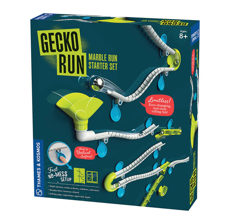 Dark teal box with dynamic image of the marble run and a  metal ball in action falling down the run. The box and featured item have lime green accents. 