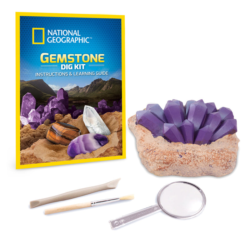 The box and included items are laid out, including a magnifying glass, brush, dig tool, and amethyst shaped dig brick. 