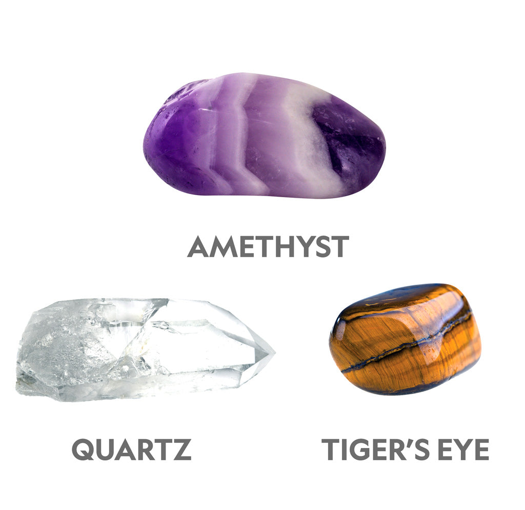 A purple amethyst, clear quartz, and orange tiger's eye stone are depicted. 