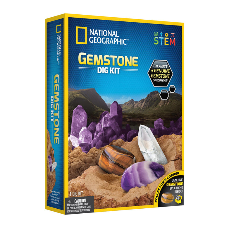 The front packaging of the box showing the stones in the kit and a background of dirt and mountains. 