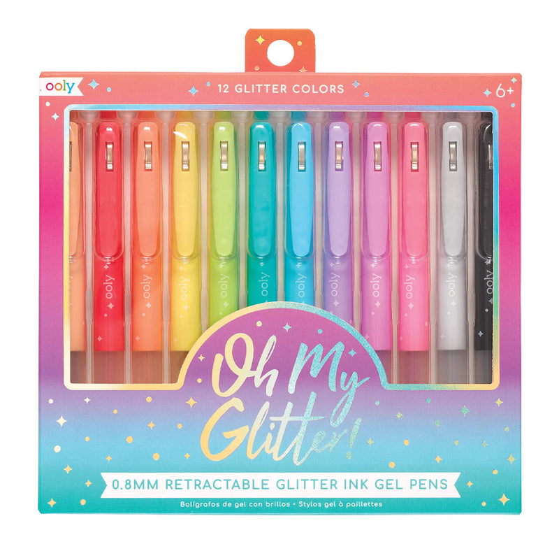 A pink and blue box with a clear window showing 12 different colored pens. 