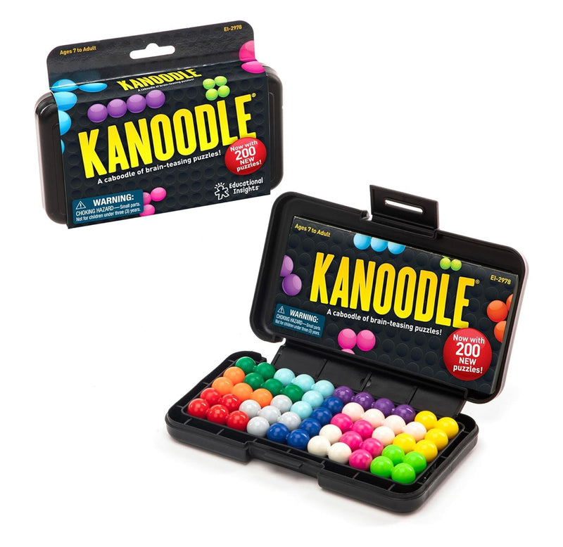 The kanoodle black case is open to reveal the multicolor round pieces arranged neatly inside. There is an image of the closed case and packaging on the left side. 