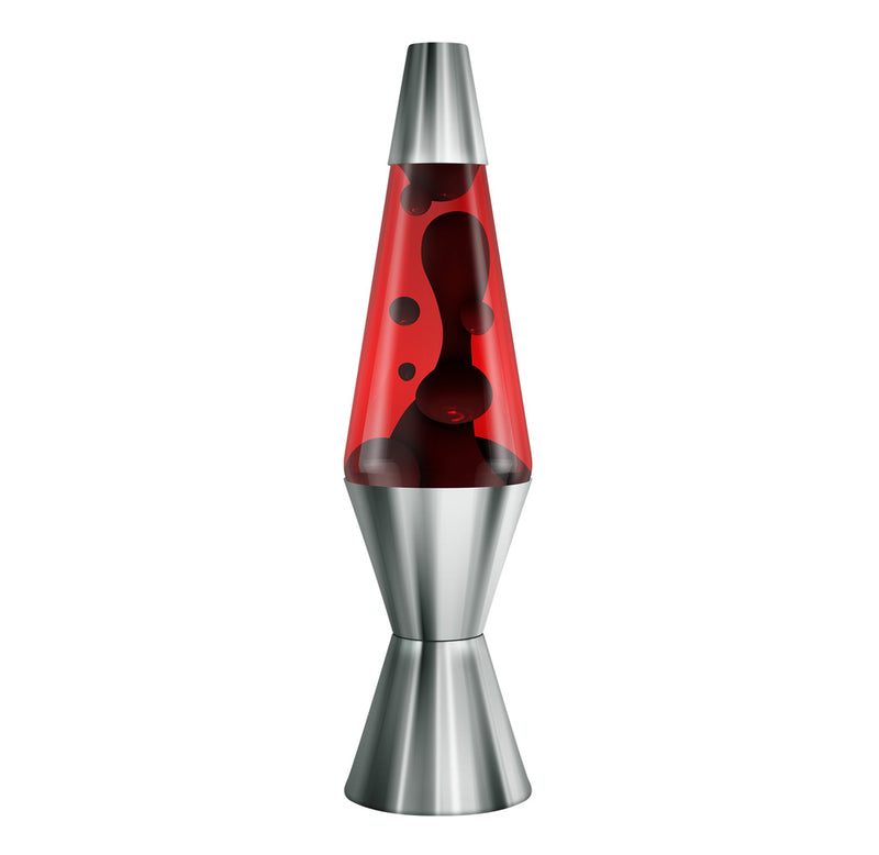 A lava lamp with a silver chrome colored base, red liquid, and black goo. 