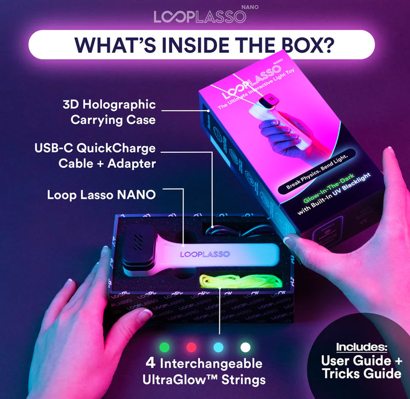 A box is being opened by two hands. The features of the product are listed out. Inside the box are the white plastic Loop Lasso, some string, and a cable. 