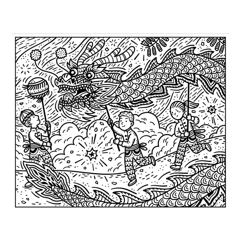 A black and white drawing with children running and holding up a dragon prop. 