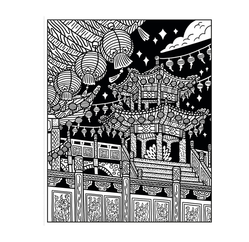 A black and white drawing depicting a temple-like structure and lanterns. 