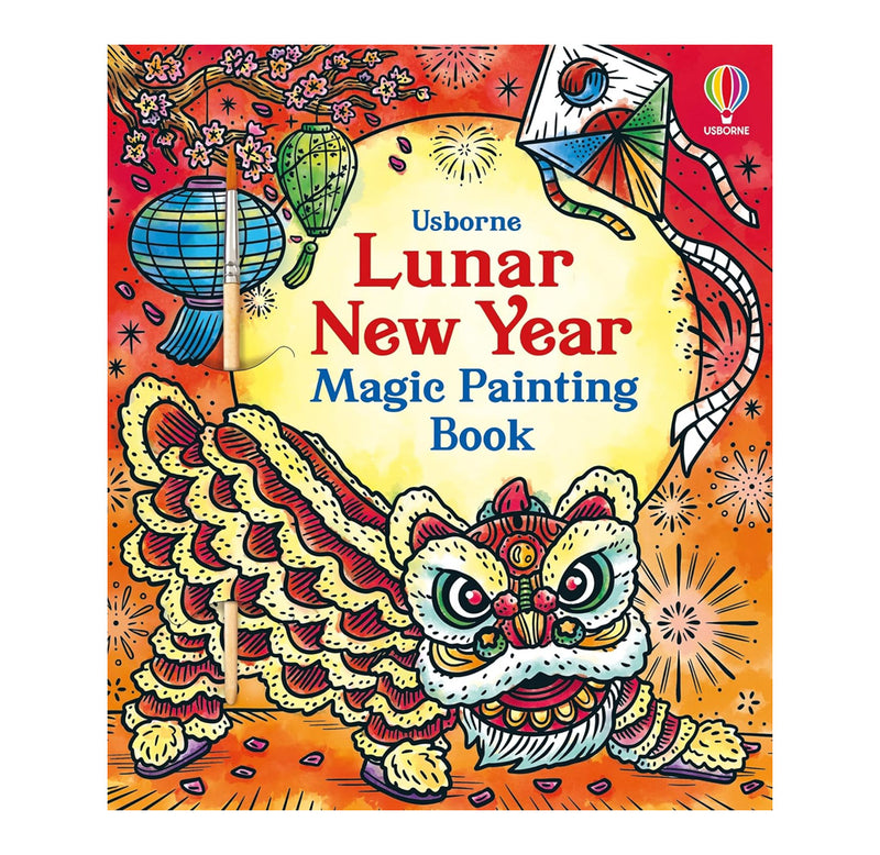 A vibrant red and orange front cover with a red dragon, lanterns, and a kite depicted on the front. There is a paintbrush secured to the front cover. 