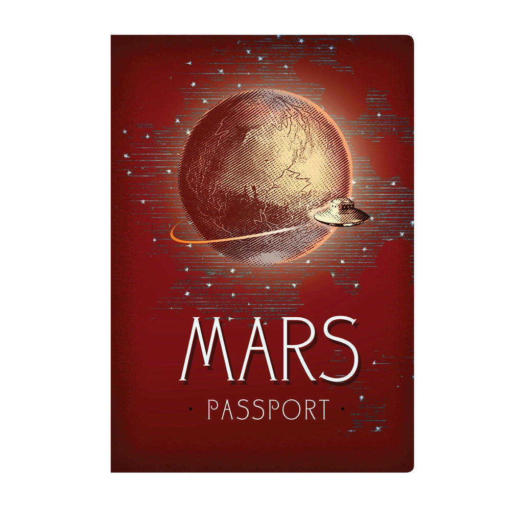 A red notebook cover with an image of mars and a UFO flying around it. 