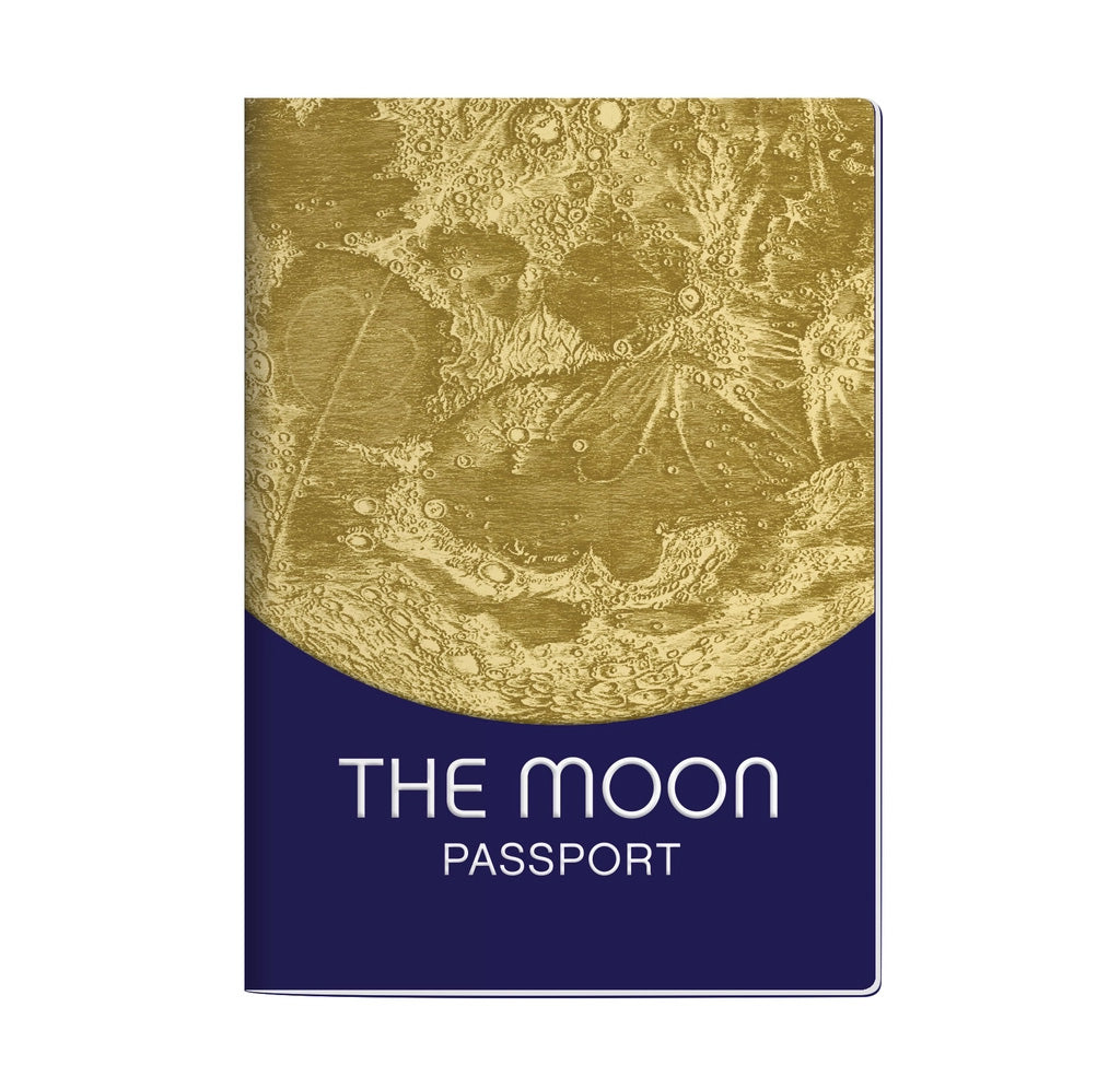 A blue journal cover with a yellow image of the moon. 