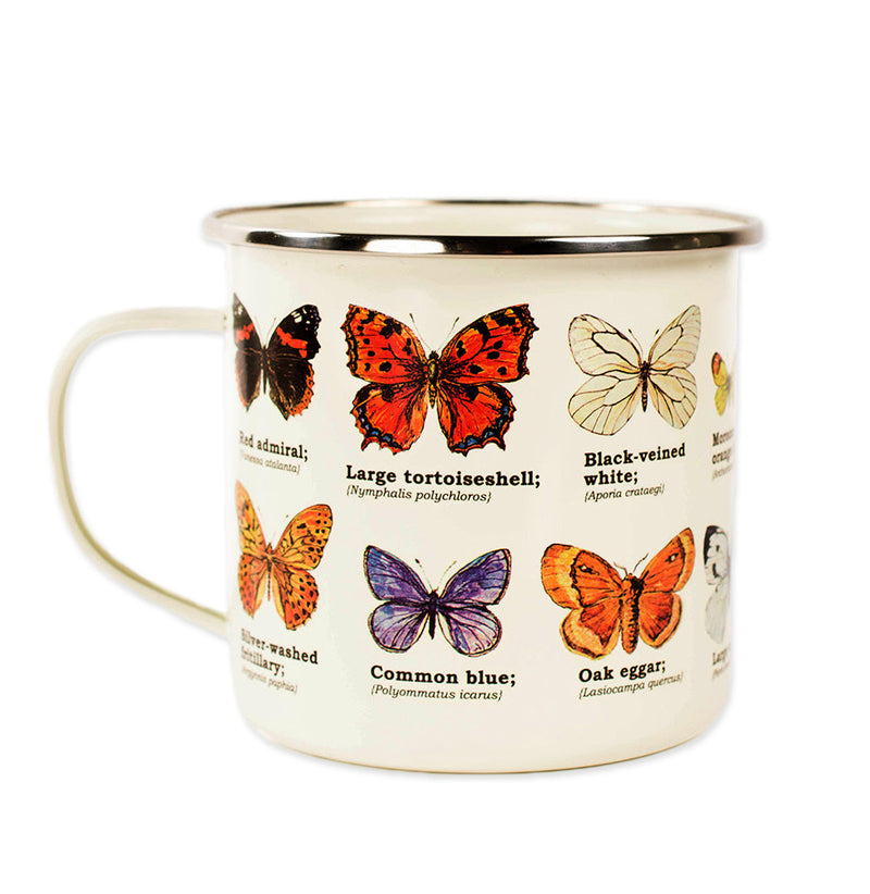 A cream colored enamel mug with different species of butterflies depicted with the name and scientific name underneath the image.