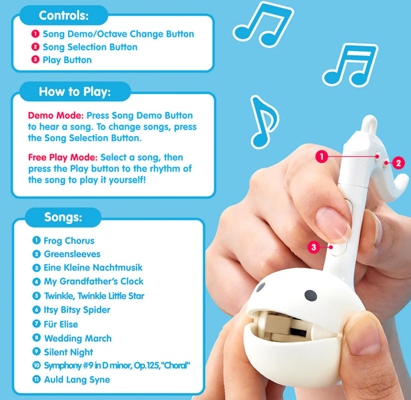 Hands are holding a white music note toy. The hands are squeezing the "face" open and pressing a button on the stem. 