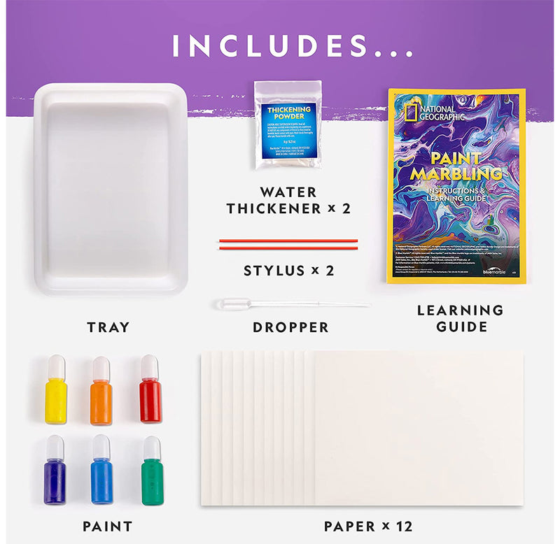 A tray, water thickener, styluses, dropper, learning guide, paper, and paint are shown in a top-down view. 