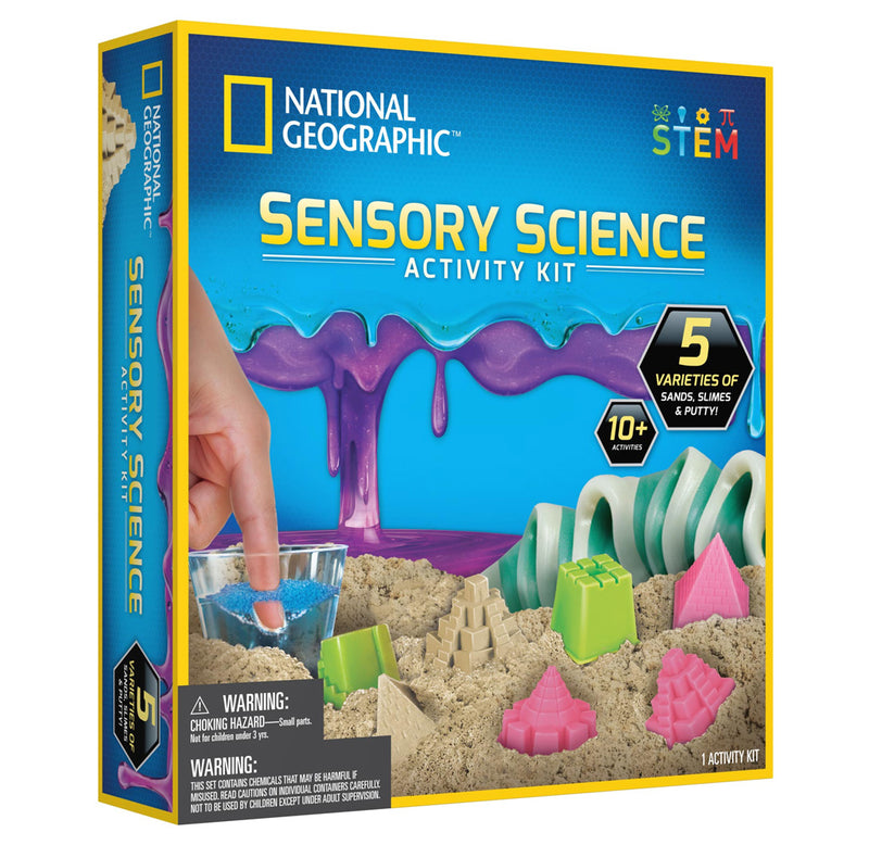 Blue box with yellow border featuring slime and sand on the front of the box. There is a hand with a finger poking into a clear cup with a viscous liquid. 