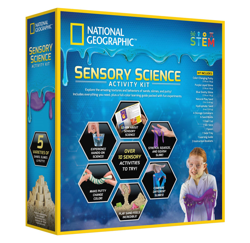 The back side of the blue packaging detailing the product highlights and what the kit includes. There is an image of a child in the bottom right corner wearing safety goggles and holding out purple slime. 