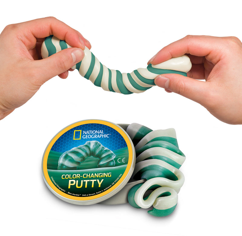 Two hands are twisting a white and green putty together. Below sits a tin with more putty. 