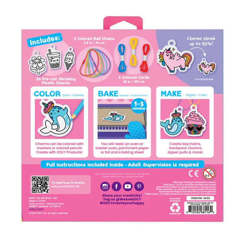 The back of the packaging depicts the different items the kit comes with and the three step process to completing the charms on the kit.