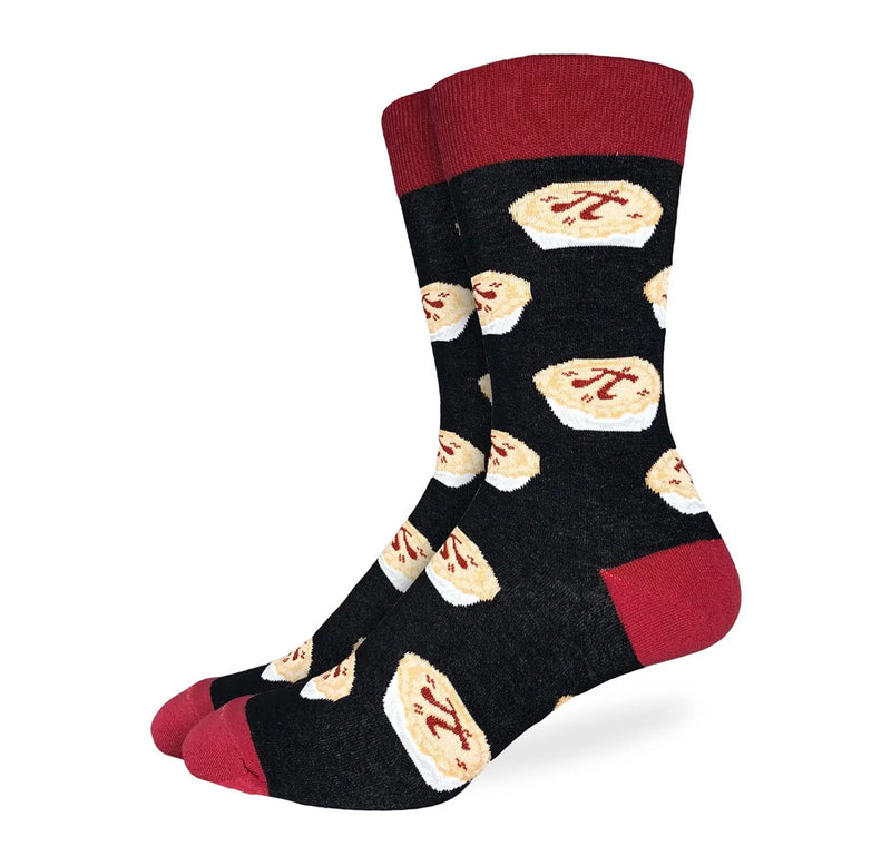 Red and black socks with images of pies with the pi symbol on them. 