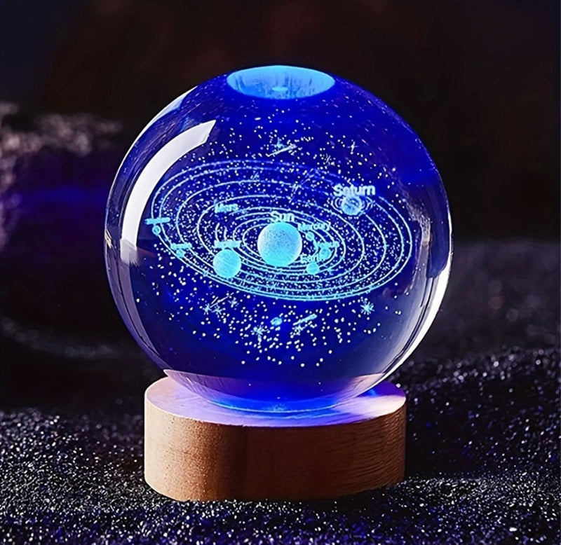 A glass ball with the solar system depicted inside is glowing a blue color. 