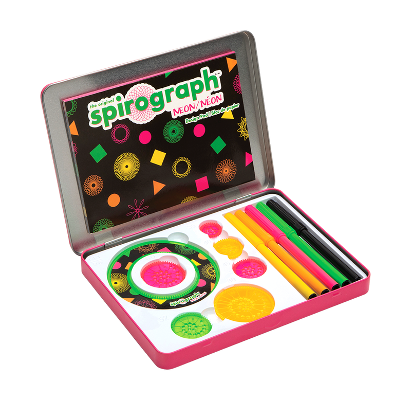 A pink tin open to show markers, 6 circular pieces, a larger ring, and a booklet. 