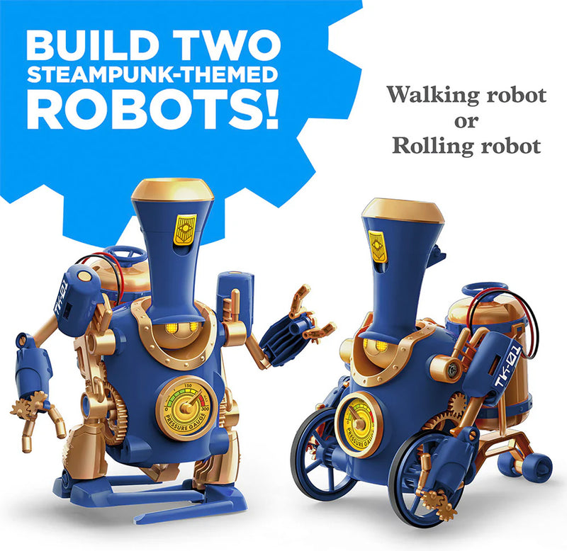 Two train bots built in different configurations: a walking robot and a rolling robot. 