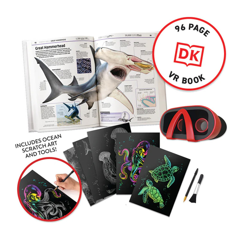 A collection of items included in the box, consisting of  a book on an open page showing a hammerhead shark, five ocean animal themed scratch cards, some tools, and a pair of VR glasses. 