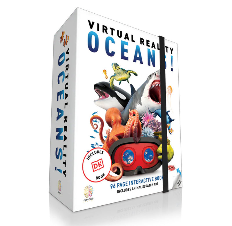 A white rectangular box with creatures from the ocean depicted on the front above a pair of red VR glasses. 